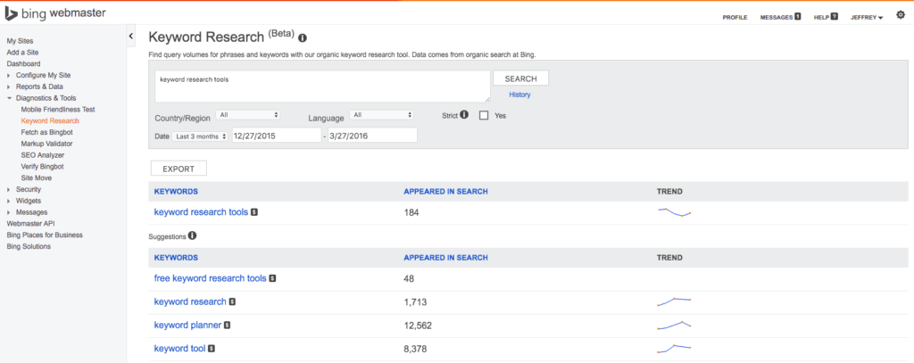 Bing keyword research tool