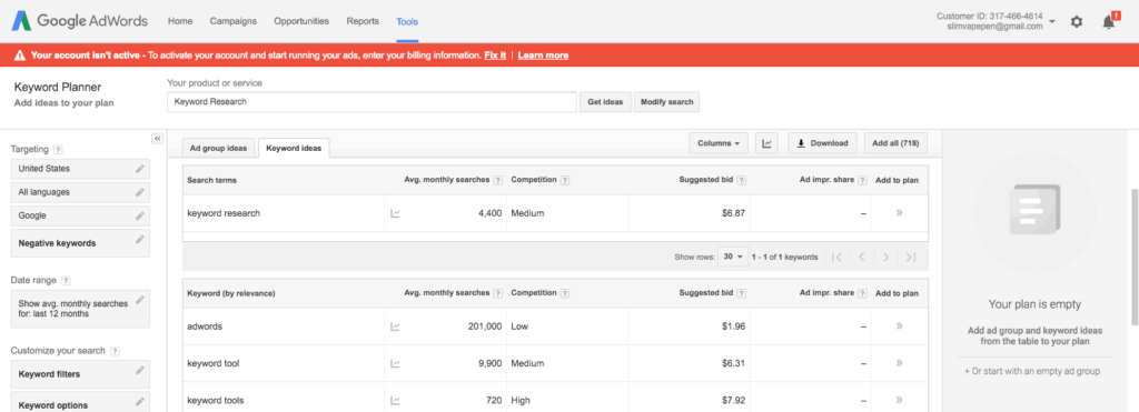 Google keyword planner