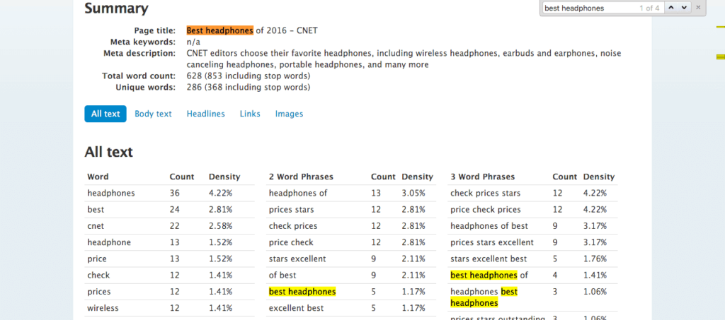 SEOBook Keyword density analyzer tool