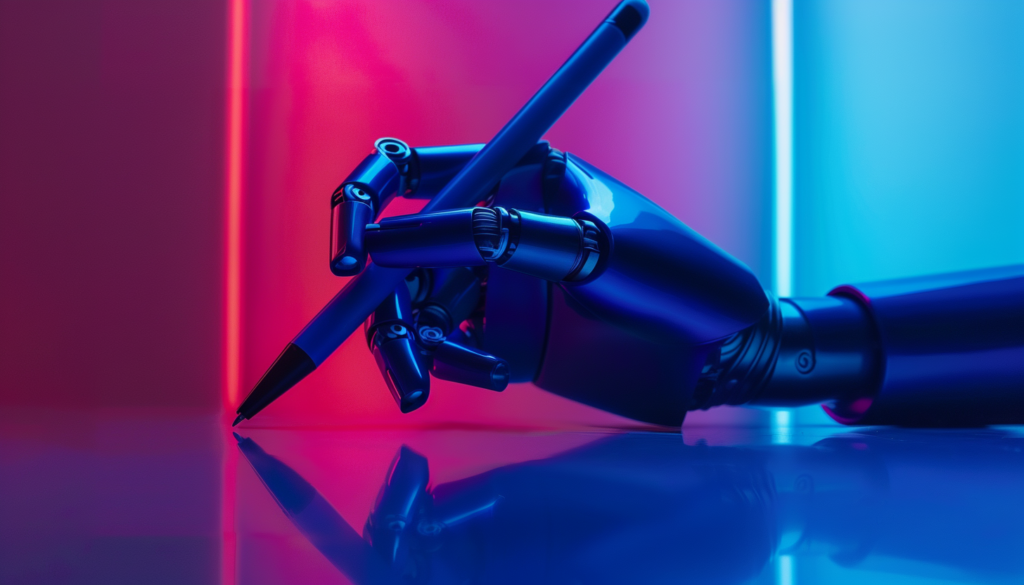 robot writing on futuristic screen